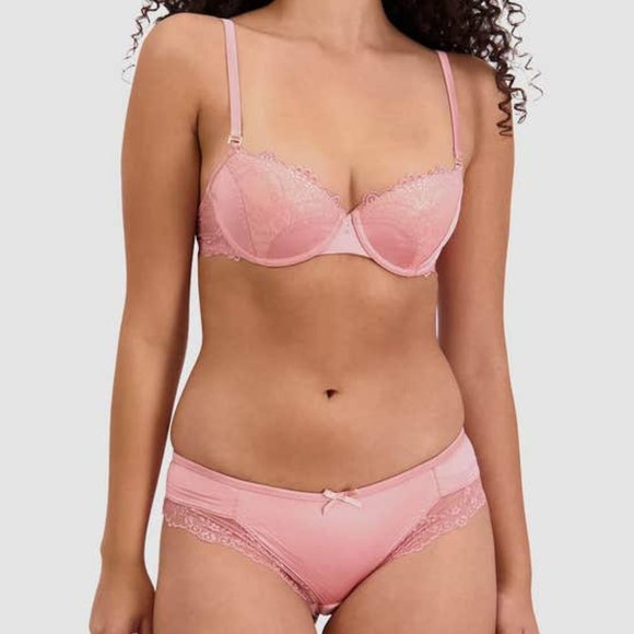 Frederick's of Hollywood Jolene Pink Satin & Lace Bra/Brazilian Panty Set 32C/XS